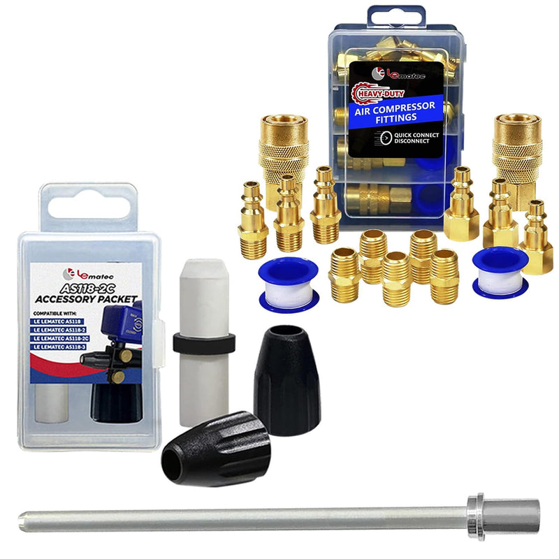 LE LEMATEC Sand Blaster Nozzle + Accessory Kit + Air Compressor Fittings – Precision Blasting & Quick Connect Solutions (Lont tip+Accessory Packet+LECU15K)