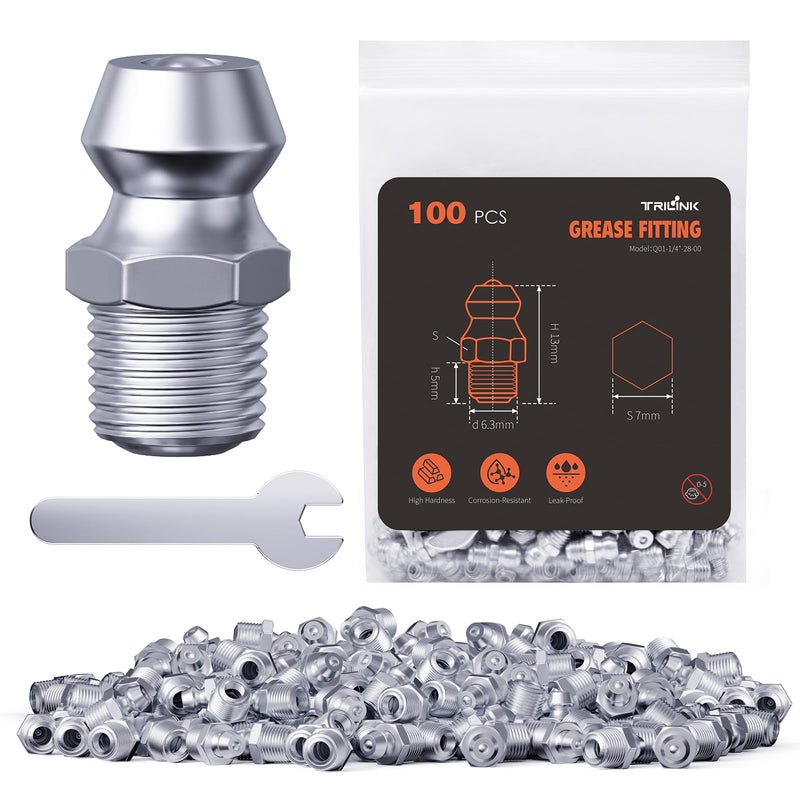 1/4"-28 Zerk Grease Fittings, SAE Grease Nipples with Straight, Grease Fittings Kit with Wrench for Quick Installation – Ideal for Automotive, Agricultural & Industrial Machinery (100pcs) 1/4"-28-St.(100pcs)