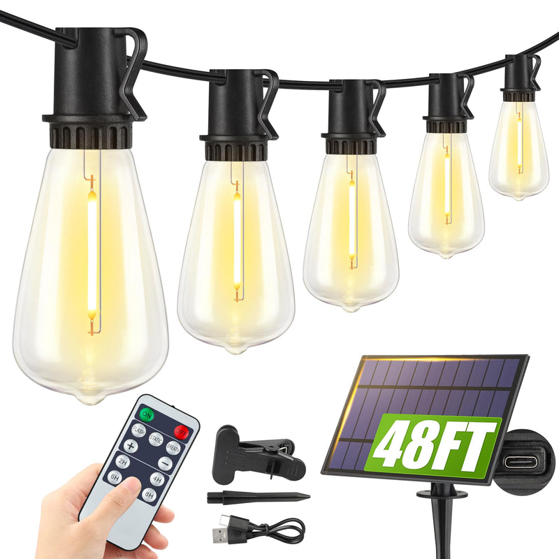 48FT Solar String Lights Outdoor with Remote, Waterproof Dimmable Patio Lights with 15+1 LED ST38 Bulbs 3 Modes Hanging Lighting for Backyard Black 1