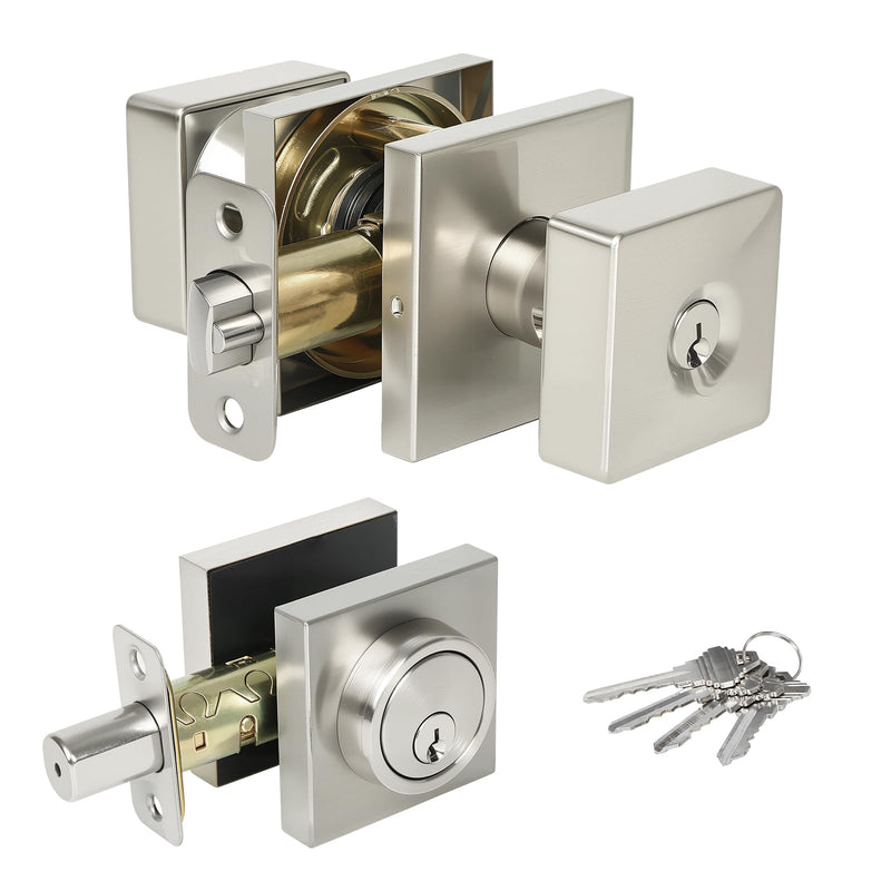 Square Door Knobs Exterior Door Lock Set with Deadbolt, Single Cylinder Deadbolt Door Locks with Keys, Keyed Alike (Satin Nickel,1PACK) Satin Nickel 1 Pack
