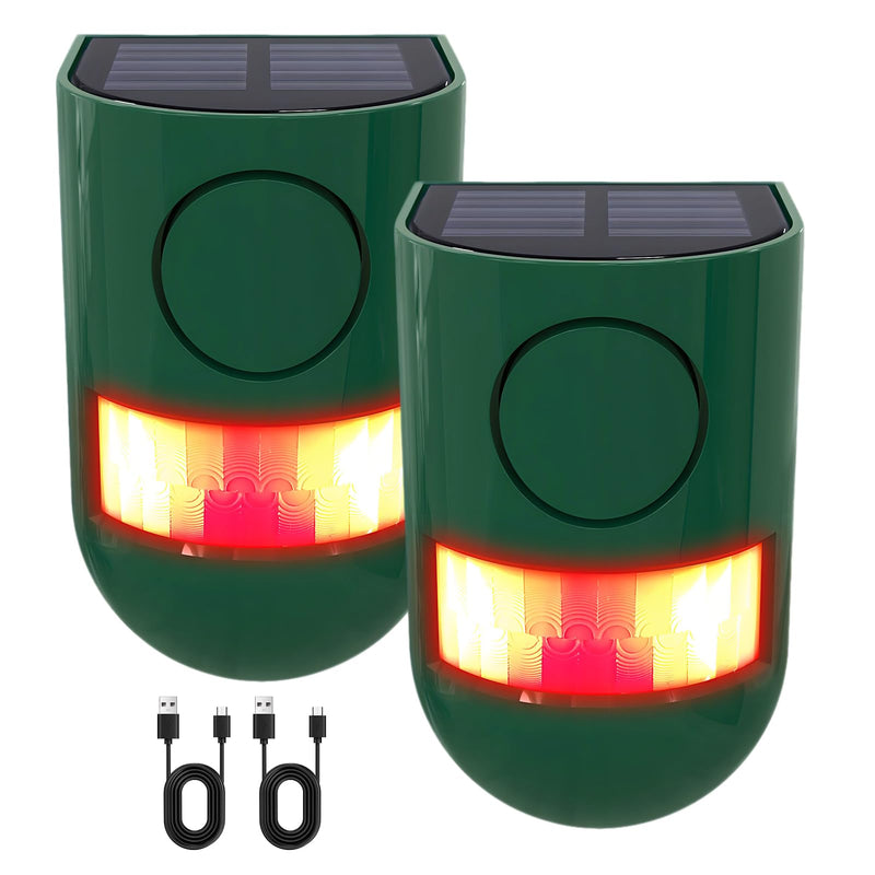 ChunHee Solar Motion Sensor Alarm Outdoor 4 Working Mode Motion Activated Alarm 129dB Loud Sound Noise Maker IP65 Waterproof Motion Detector with Strobe Light for Yard Farm Garden 2PC Green-2pack