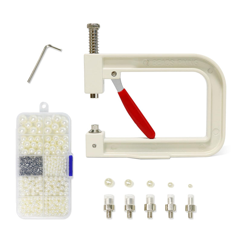 Troyune Pearl Setting Machine, Pearl Hand Press Tools with White Pearl Beads, Rivet Studs and L Hexagon Wrench for Decorating Clothes, Dresses, Bag, Hair Band or DIY Crafts