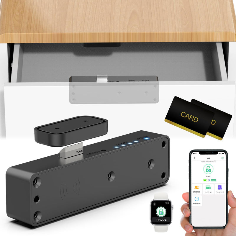 Smart RFID Drawer Lock, Hidden Digital Electronic Bluetooth RFID Cabinet Drawer Lock for Adults Baby Proofing Teens Liquor Cupboard File Black