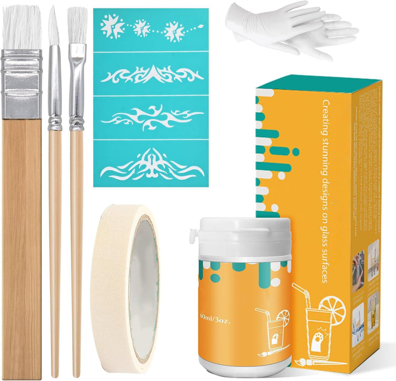 (3oz) Etching Starter Kit for Intricate Designs, DIY Art Craft Bundled with 3 Application Brushes, 1 Paper Tape, 1 Nitrile Gloves, 1 Silk Screen Label, Perfect for Mirrors, Windows, Glassware 3 oz kit