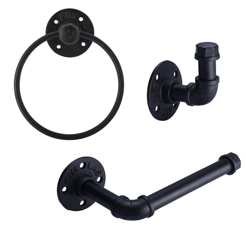 HighFree Industrial Pipe Bathroom Hardware Set, Matte Black Wall Mounted Hardware Accessories, Farmhouse Toilet Paper Holder, Towel Ring for Bathroom (Paper Holder+Towel Ring+Hook)