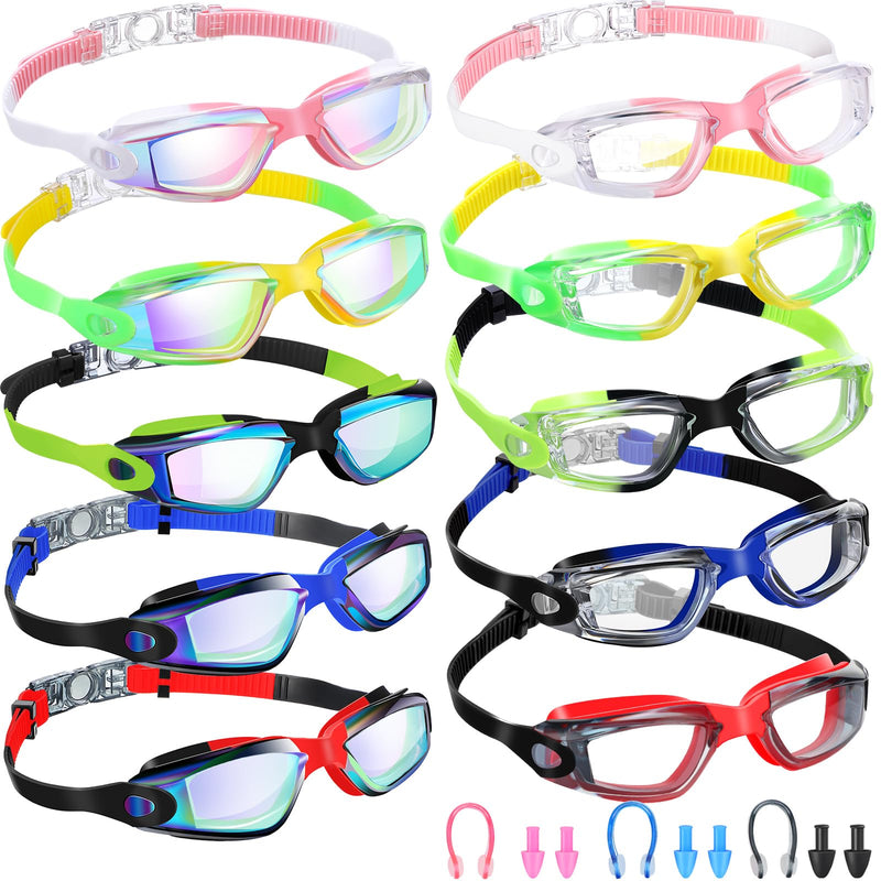 Konohan 10 Pack Swim Goggles for Kids Adults Anti Fog No Leak Silicone Swimming Goggles Glasses Ear Plugs Nose Clips for Pool Brilliant Colors