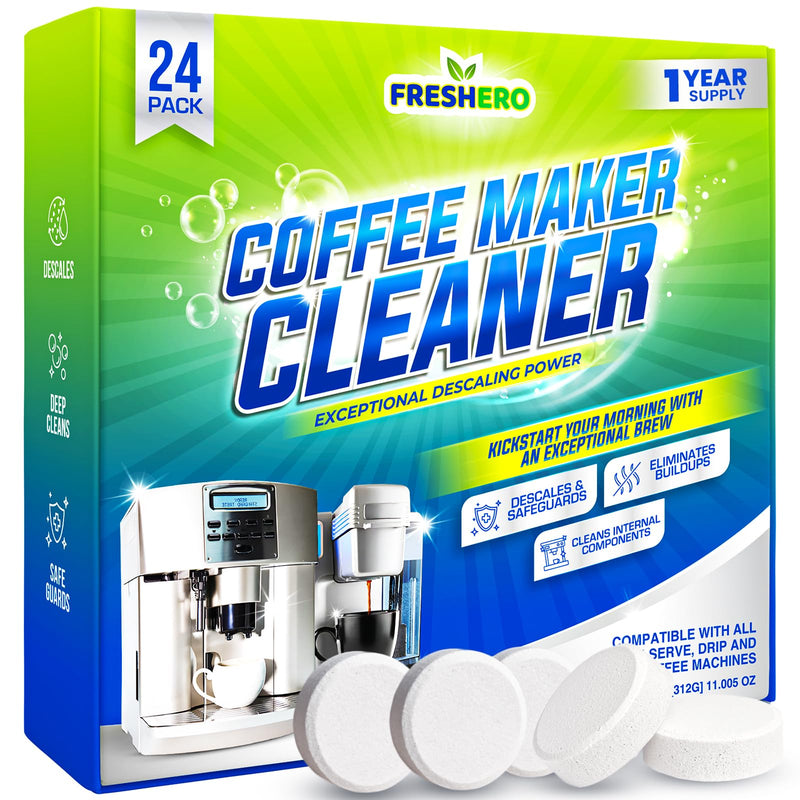 Coffee Maker Cleaner and descaler Tablets – 24 Pack, Compatible with Nespresso, Keurig, Breville, Ninja, Delonghi & more, Coffee pot cleaner tabs, Coffee Machine Descaling solution for upto 1 year