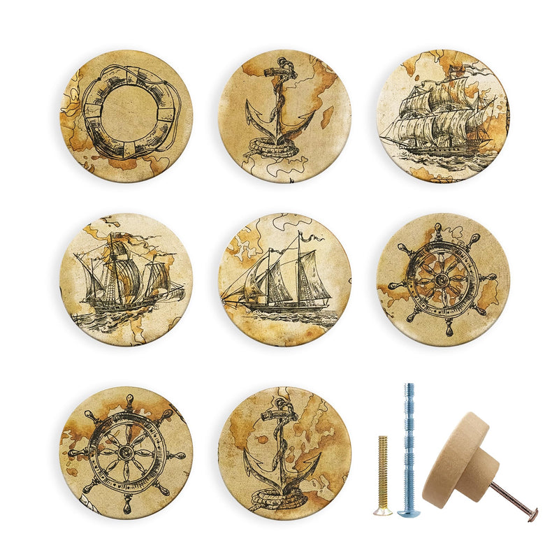 8Pack 1-4/5inch Wooden Vintage Nautical Beach Coastal Cabinet Kitchen Themed Dresser Drawer Door Knobs and Pull Handles