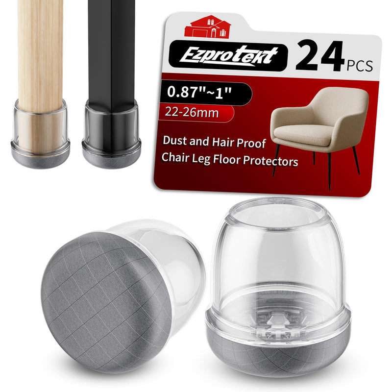 Ezprotekt 24 Pcs Chair Leg Floor Protectors, Chair Leg Caps, Silicone Protectors Covers for Hardwood Floors & Carpet, Pet Dust & Hair Proof Chair Pads - for Dining Table Chair, Clear M Fit (0.87"-1") I-21 M-Round