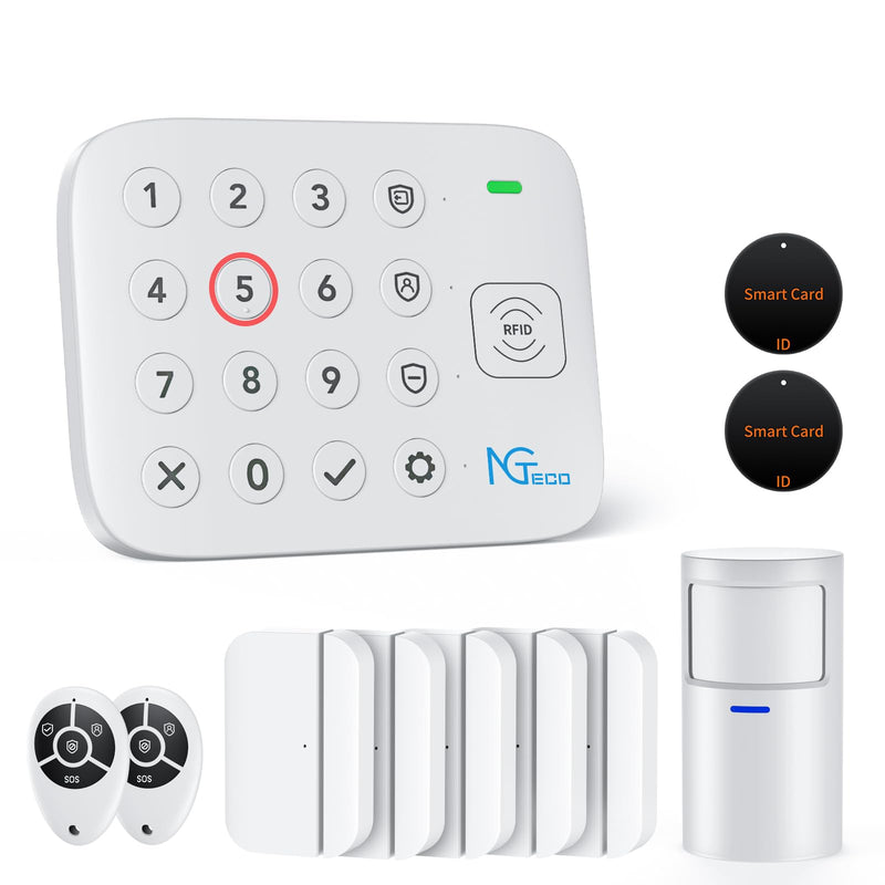 NGTeco 11-Piece Home Security Alarm Kit, Wi-Fi Home Security System with Keypad, Motion Sensor, 5 Entry Sensors, Window and Door Protection - No Contract, Compatible with Alexa & Google H400