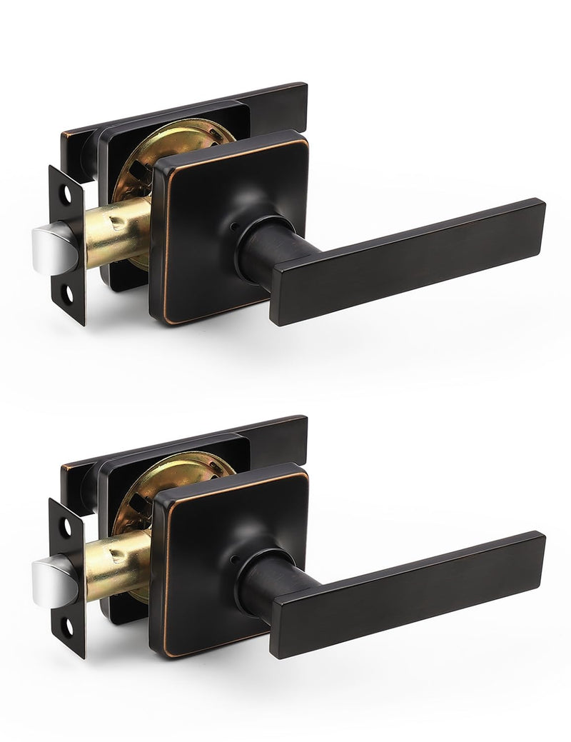 Mengico 2 Pack Passage Door Levers Oil Rubbed Bronze Finish, No-Locking Keyless Square Door Knob, Interior Door Handles for Closet and Hallway, Reversible for Left & Right Handed Passage Function - Keyless