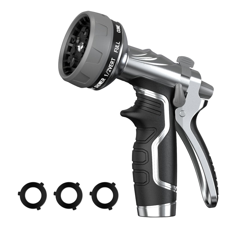 Garden Hose Nozzle, Heavy Duty Metal Water Hose Nozzle with 8 Adjustable Spray Patterns, High Pressure Hand Sprayer with Flow Control for for Garden Watering, Car & Pet Washing Black