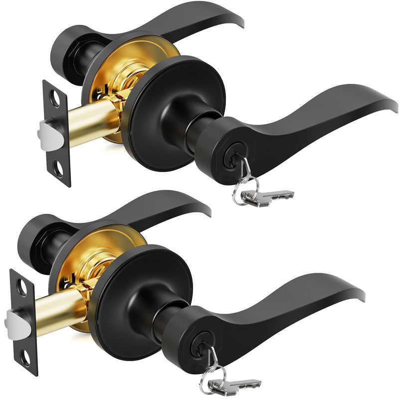2 Pack Entry Black Door Handle with Lock and Key, Keyed Different Door Levers Interior Exterior Handle Lock, Reversible Front Entrance for Bedroom Wave Style Lever Handles 2 Pack Matte Black