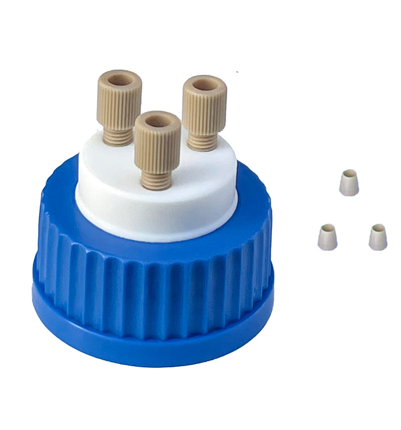 MUHWA Lab Safety 3-Port Cap with 1/4"-28 Thread Inserts Hole and PEEK Fitting, GL45 Filling Cap for 1/8" Inch OD Tubing