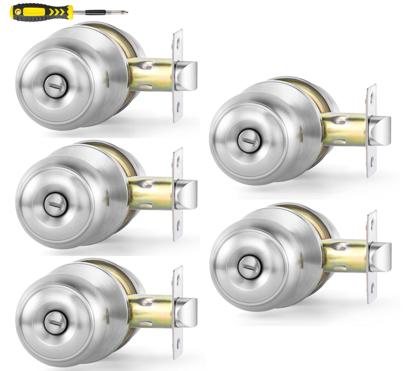 Lanwandeng 5 Pack Interior Door Knobs for Bedroom or Bathroom Keyless, Brushed Nickel Privacy Door Knob, Round Ball Bath/Bed Door Locks Satin Nickel