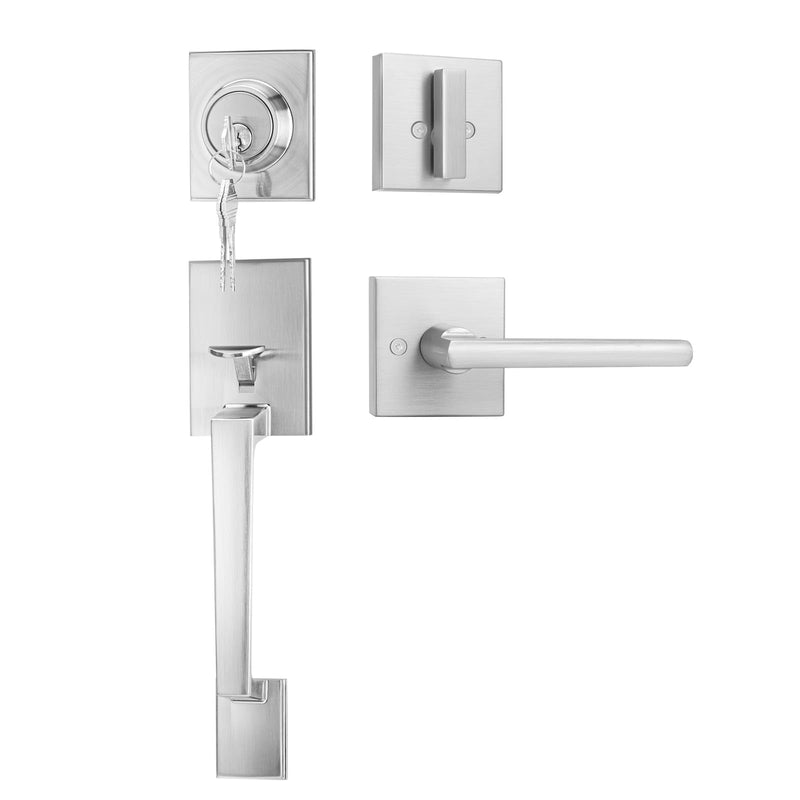 Goldenwarm Front Door Handle and Deadbolt Set, Brushed Nickel Front Door Lock Set with Reversible Handle Lever, Single Cylinder Front Door Handles and Locks Square with Deadbolt