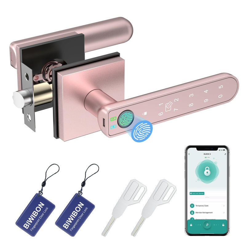 Fingerprint Door Lock, 5 in 1 Finger Print Door Knob with Smart APP/Fingerprint/IC Cards/Password/Backup Keys, Smart Door Knob with Keypad for Bedroom, Office, Apartment, Rose Gold