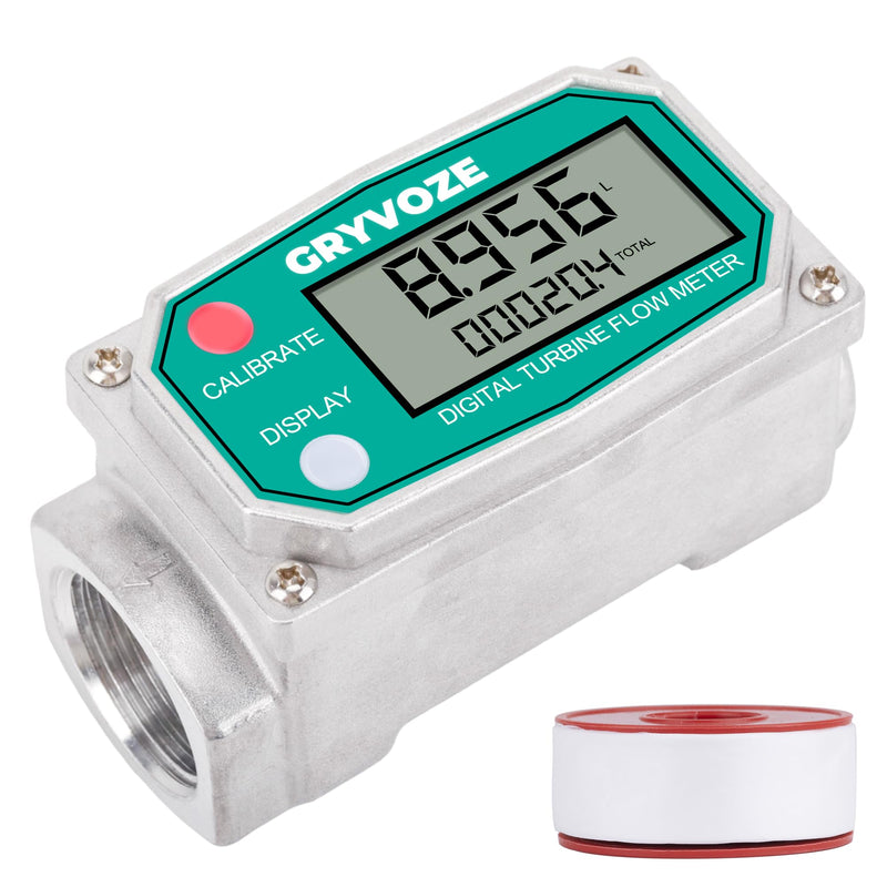 1" Alu Alloy Water & Fuel Flow Meter, 2.6-26 GPM Inline NPT ±1% Accuracy Flowmeter for Diesel, Gasoline & Liquids - Supports Sleep Mode, Includes Waterproof Tape