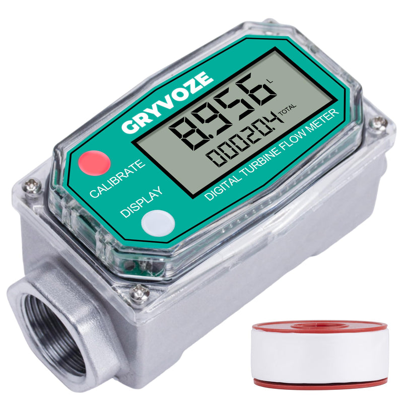 3/4 Inch Water & Fuel Flow Meter with PTFE Tape, for 0.8-13.2 GPM Inline NPT Thread ±1% Accuracy Flowmeter for Diesel, Gas Oil, Gasoline, and Other Liquids - Supports Sleep Mode