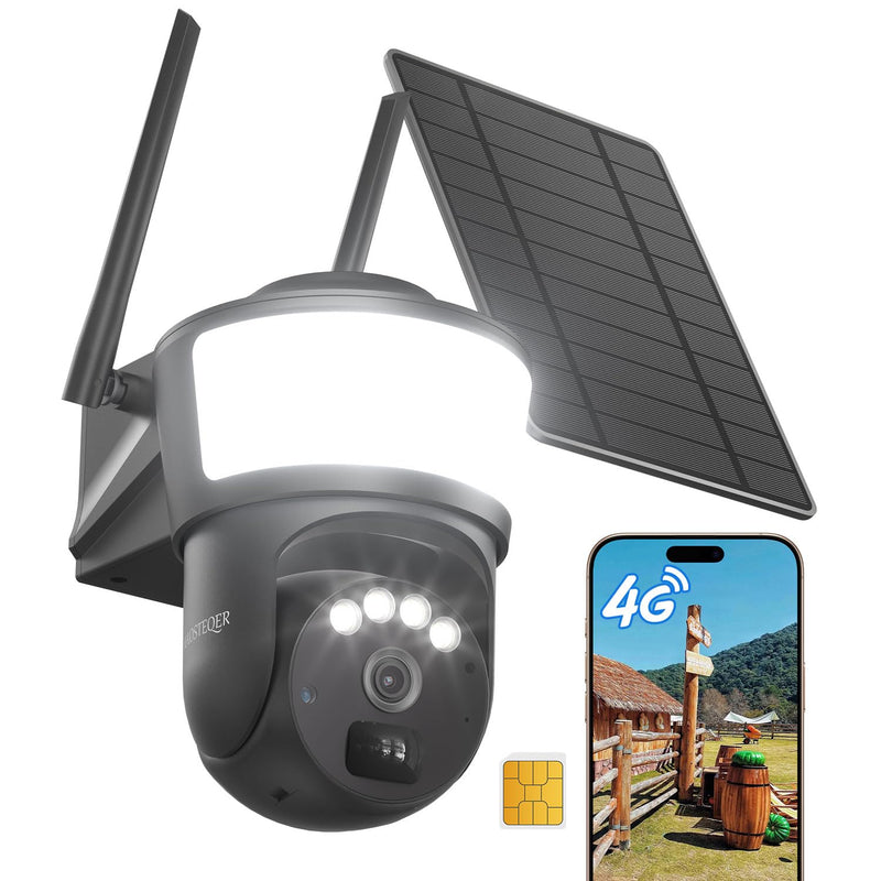 4G LTE Cellular Security Camera Wireless Outdoor, No WiFi Security Cameras Solar Powered, PIR Detection, 360°Cameras for Home Security with Floodlight, 2K Color Night Vision, Built-in SIM Card 4G Solar Camera with Floodlight