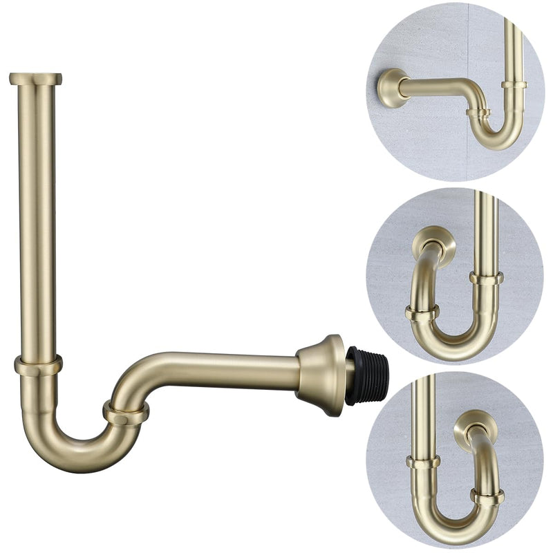 RANDOM Brass P Trap Bathroom Sink U-Shape 1-1/4 inch Sink Trap with Slip Joint Extension Tube,Adjustable Height Sink Waste Drain Bottle P-Trap Kit,Brushed Gold Basin Sink Plumbing.RD83555BG-L Brushed Gold