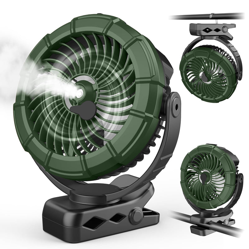 Ausic Portable Misting Clip on Fan, Golf Cart Fans, Max 45H Runtime, 100ml Camping Stroller Fan with LED, 360° Rotate Cooling Spray, Outdoor Rechargeable Battery Fans for Travel/Home/Beach Green