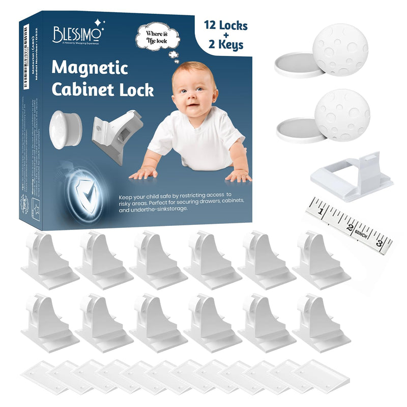 Blessimo® 12 Pack Magnetic Cabinet Locks Baby Proofing with 12 locks and 2 Keys - Child Locks For Kitchen, Cabinets and Drawers - 3M Adhesive Easy Installation White