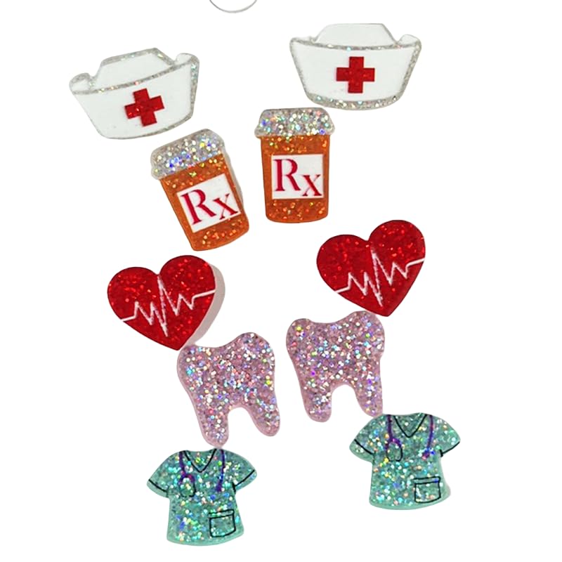Nurses Day Stethoscope Medical Hat Heart Stud Earrings Set for Women Lightweight Acrylic Doctor Nurses Week Appreciation Gifts Cutie Creative Birthday Mother's Day Nurse Holiday Gifts