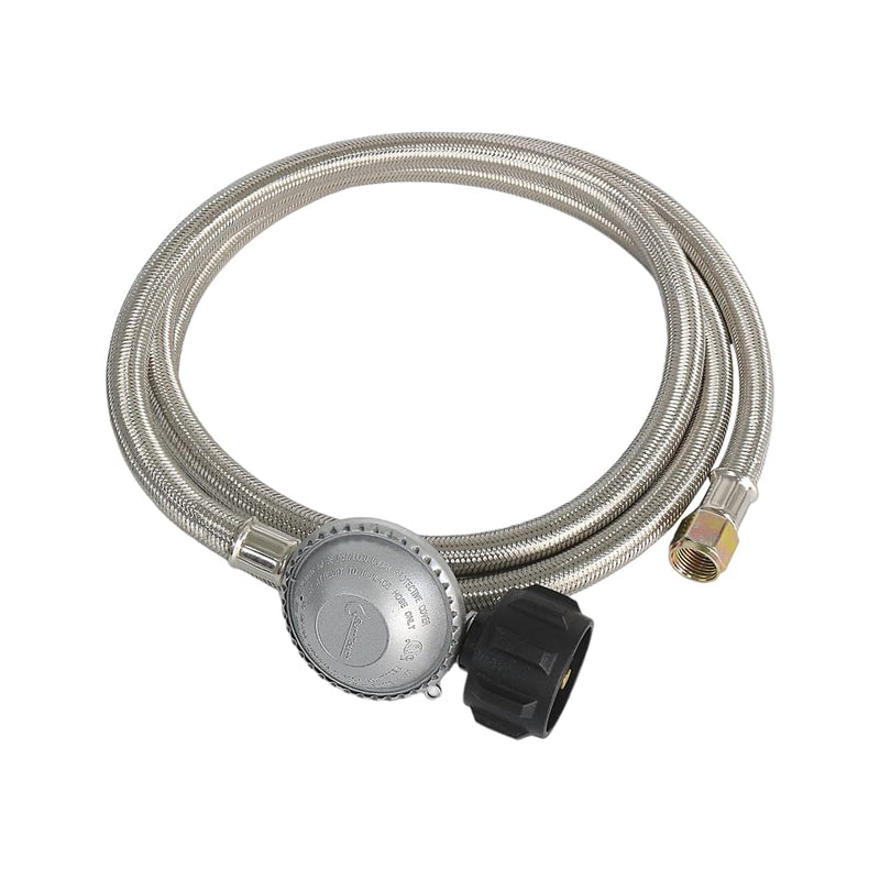 6FT Propane Regulator with Stainless Steel Braided Hose 3/8" Flare Connector & Flat Face Relief Valve for Gas Grills, Heaters, Fire Pits Durable Rubber/Steel Hybrid Hose 6 Feet 3/8" Regulator with Braided Hose