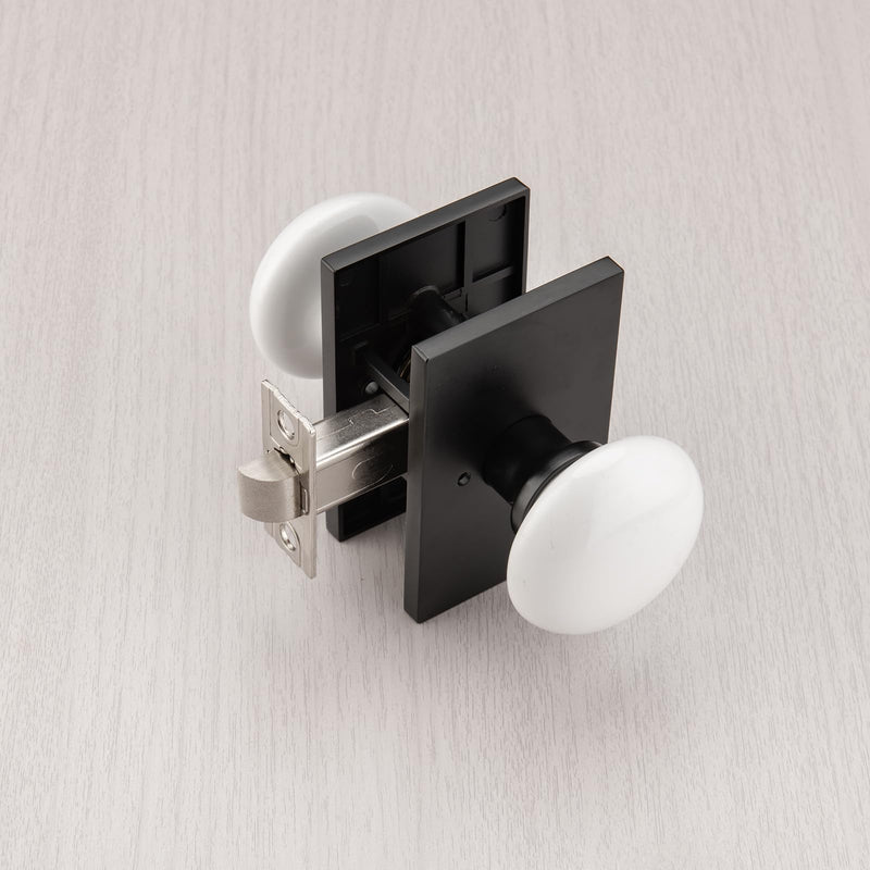 NCL White Door Knob, Matt Black Porcelain Door Knobs Interior, Rectangle Door Levers for Bedroom and Bathroom, Privacy Door Handles with Lock Matte Black Rectangle Rose with White Knob