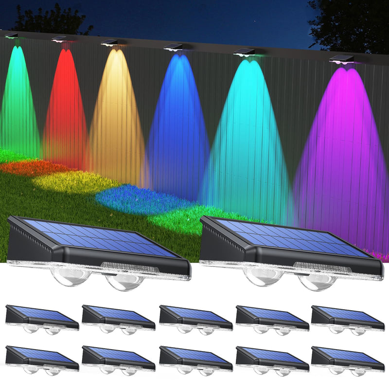 TECKNET Solar Fence Lights Outdoor 12 Pack, Warm White & 6 Colors & RGB, IP66 Waterproof LED Deck Light, Dusk to Dawn Fence Lights Solar for Wall, Railing, Step, Patio, Pool, Backyard, Outside 3000K/Color Changing