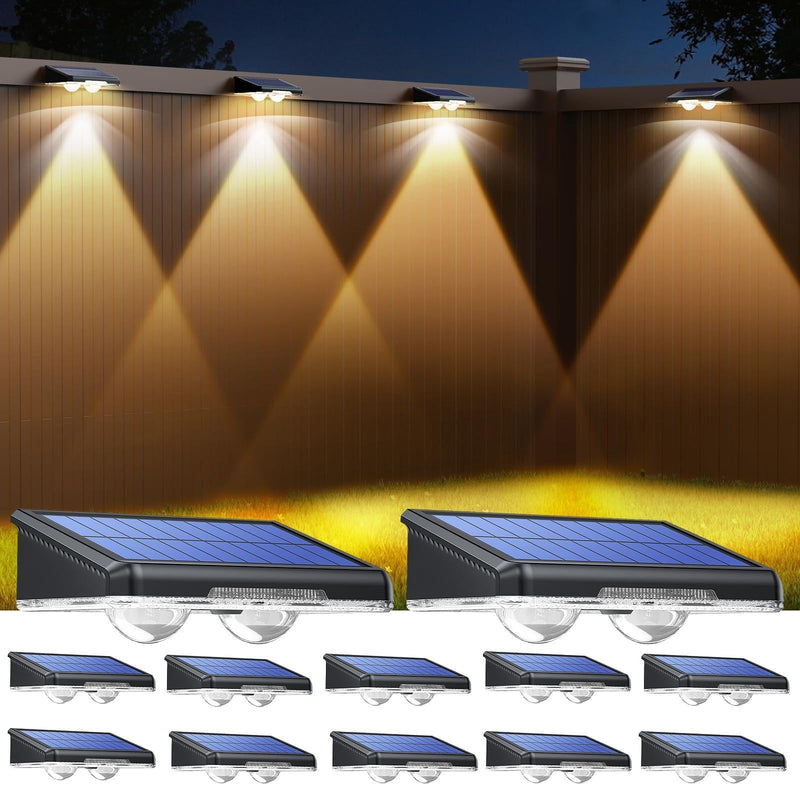 TECKNET Solar Fence Lights Outdoor 12 Pack, 3 Modes - Warm/Neutral/Cool White, IP66 Waterproof Solar Lights for Fence with 2 High Brightness LED, Outside lighting Decor for Patio Wall Railing Backyard 3500/4500/6500K