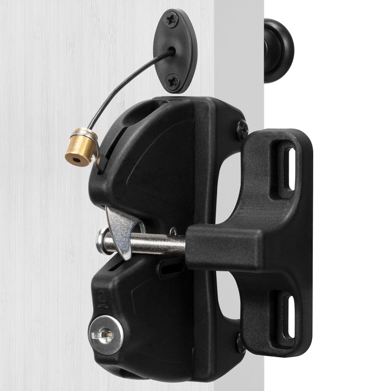 Key Lockable 2 Sided Gate Latch with Spring Pull Cable and Key,2 Way Gate Fence Lock for Outdoor Gates,Locking Gate Door Lock Fence Latch Gate Hardware for Metal,Wood,Vinyl Fence,Black Finish