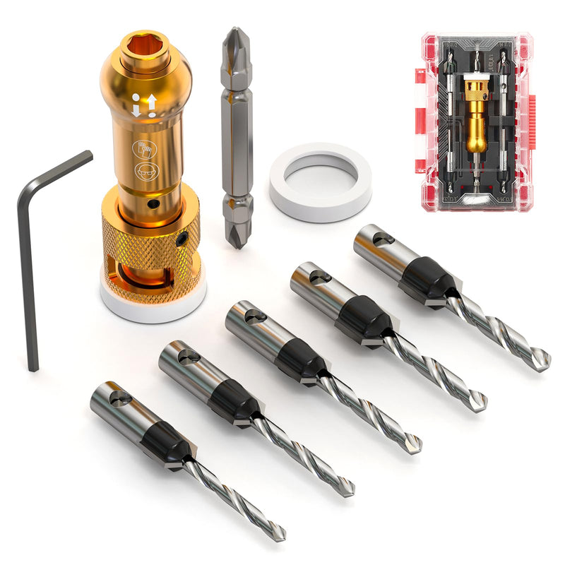 MEANLIN 5Pcs Countersink Drill Bit Set, Adjustable Bit Depth Stop with 1/4" Hex Shank Screwdriver Bit, HSS M2 Bits 1/8" 9/64" 5/32" Drill+3/8" 82°Counter-Bore, 11/64" 3/16" Drill+ 1/2" 82°Counter Bore