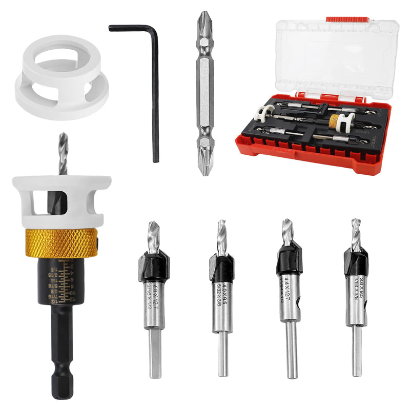 Countersink Drill Bits Set with Low Friction Depth Stop, 1/4" Quick Change Hex Shank Countersink Drill with Replaceable HSS Pilot Drill Bit, Counter Sink Drill Bit for Woodworking