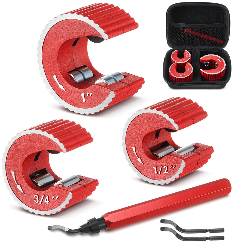 Copper Tubing Cutter Set, 3 Pcs Copper Pipe Cutter Tool, 1/2 In, 3/4 In, and 1 In. Cutters, Reaming Pen, 3 Cutters Handles with Storage Case
