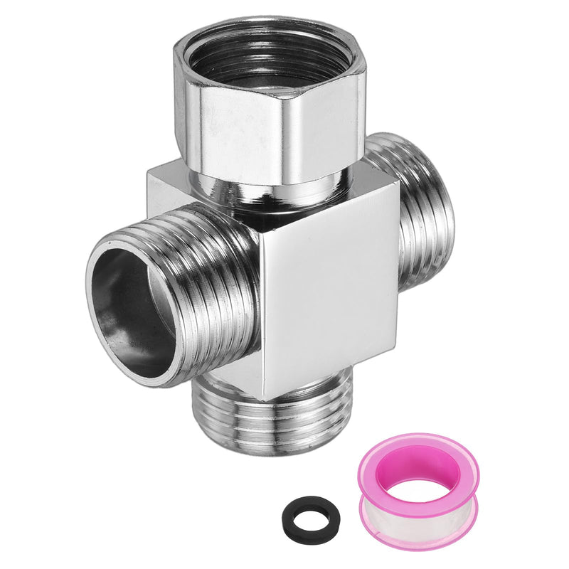 uxcell G1/2" Shower Diverter Valve 4 Way, Stainless Steel Bidet Square Adapter Connector Hose Fitting Tee with PTFE Tape for Bidet Angle Valve Hose Bath Toilet Faucet(53mm,Silver)