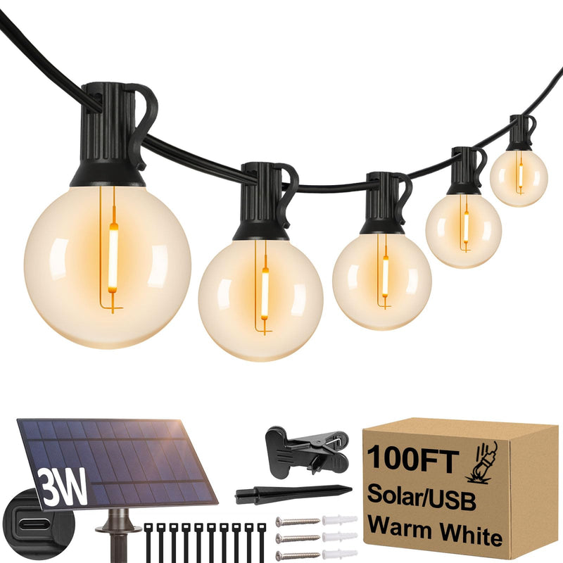Lakumu 100FT G40 Solar String Lights Outdoor Waterproof, Globe Outdoor String Lights with 36+1 LED Shatterproof Bulbs, 2700K Patio Lights Solar Powered Hanging Lights for Outside Camping Backyard 100FT-36T