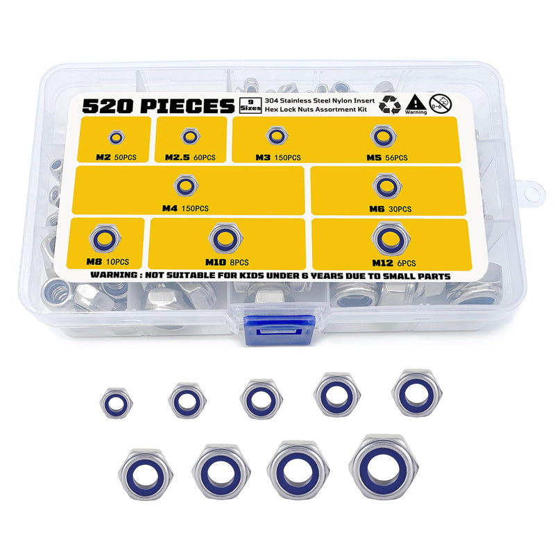 520 Pcs Metric Nylon Insert Locknuts Assortment Kit,M2 M2.5 M3 M4 M5 M6 M8 M10 M12 Nylock Nuts Sets,304 Stainless Steel Standard Threaded Hex Nut Nylock Nut Sets