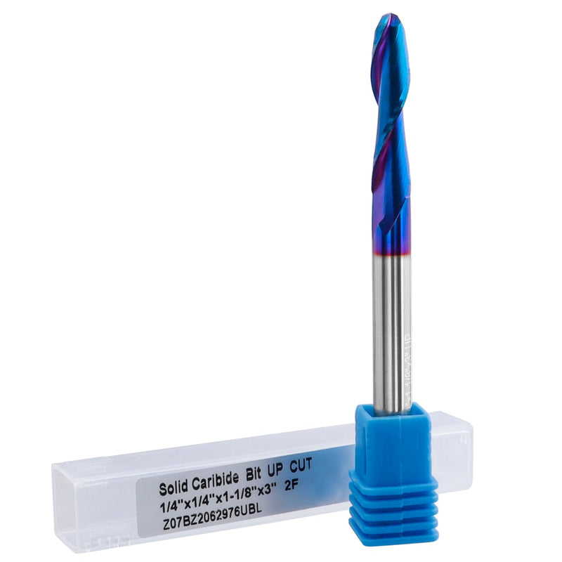 Mesee Ball Nose End Mill CNC Router Bit 1/4 Inch Shank Carbide Ball Nose Spiral Upcut Router Bit 1-1/8" Cutting Length Nano Blue Coating Ball End Milling Bit Woodworking Carving Tool, 1/4" Cutting Dia