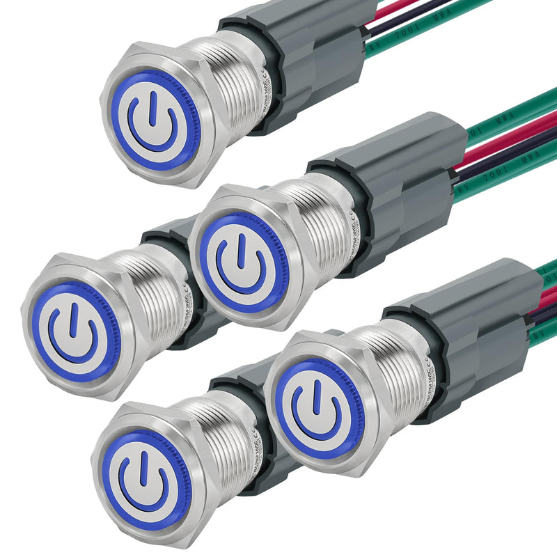 UL Listed 15Amp 16mm Latching Push Button Switch 12V-24VDC IP67 Waterproof; SPST 1NO, with LED Angel Eye Light; Stainless Steel 304 with Wire Socket Blue Latching, 12V-24V 5