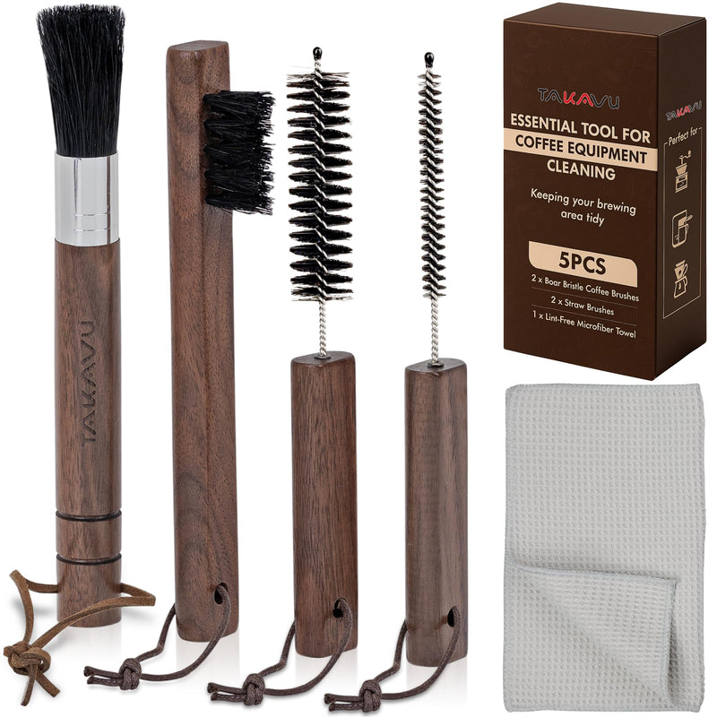 Takavu Coffee Grinder Cleaning Kit – 5pcs Boar Bristle Grinder Brush, Detail Scrub Brush, Steam Wand Brushes & Microfiber Towel for Espresso Machine Coffee Maker Pour Over