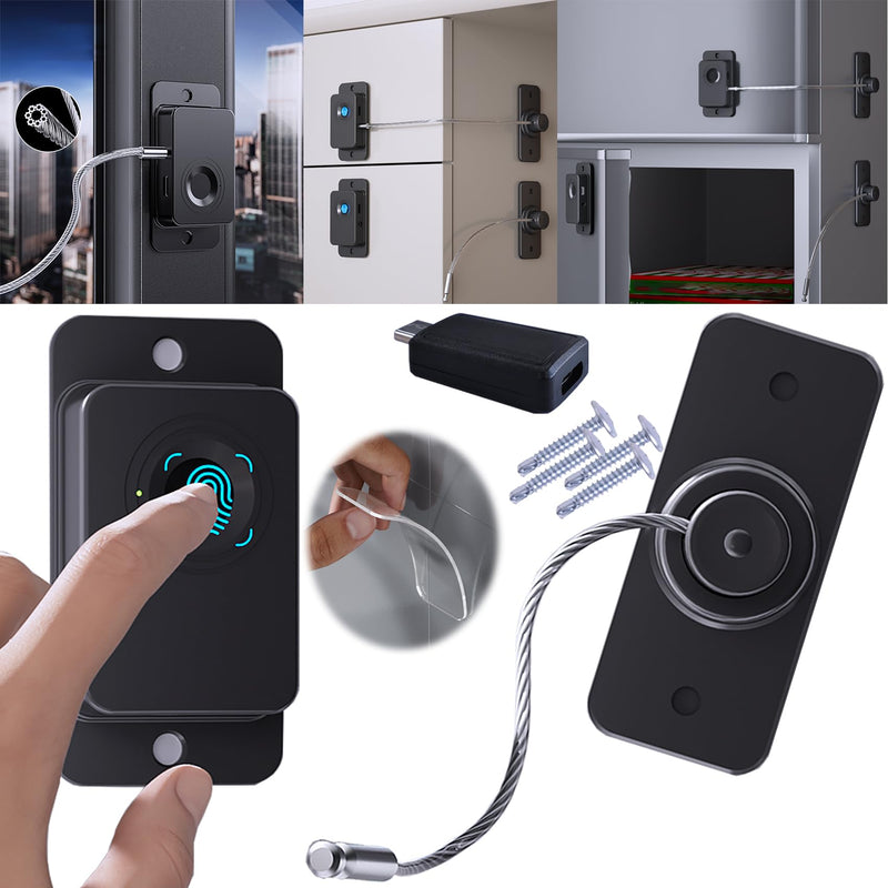 Fingerprint Refrigerator Lock Child Safety USB Backup Key for Cabinet French Drawer Freezer Window, RV Fridge Smart Biometric Cable Latch Babyproofing for Adult Kid Pet,No Drill Easy Install