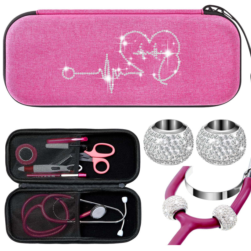 Bling Stethoscope Case Kit 3 Pcs Protective Stethoscope Carrying Case with Rhinestone Charms, Cute Nurse Accessories Gift for Nursing, Portable Organizer Storage(Pink) Pink