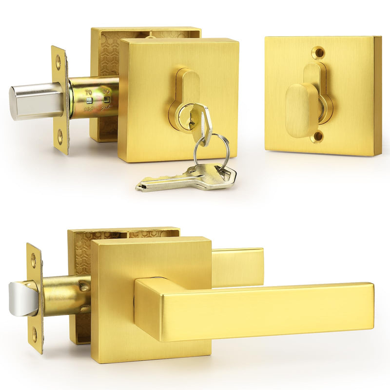 Probrico Keyed Alike Brushed Gold Exterior Door Locksets Square, Satin Brass Front Door Passage Handle and Single Cylinder Deadbolt Set, 1Pack 1