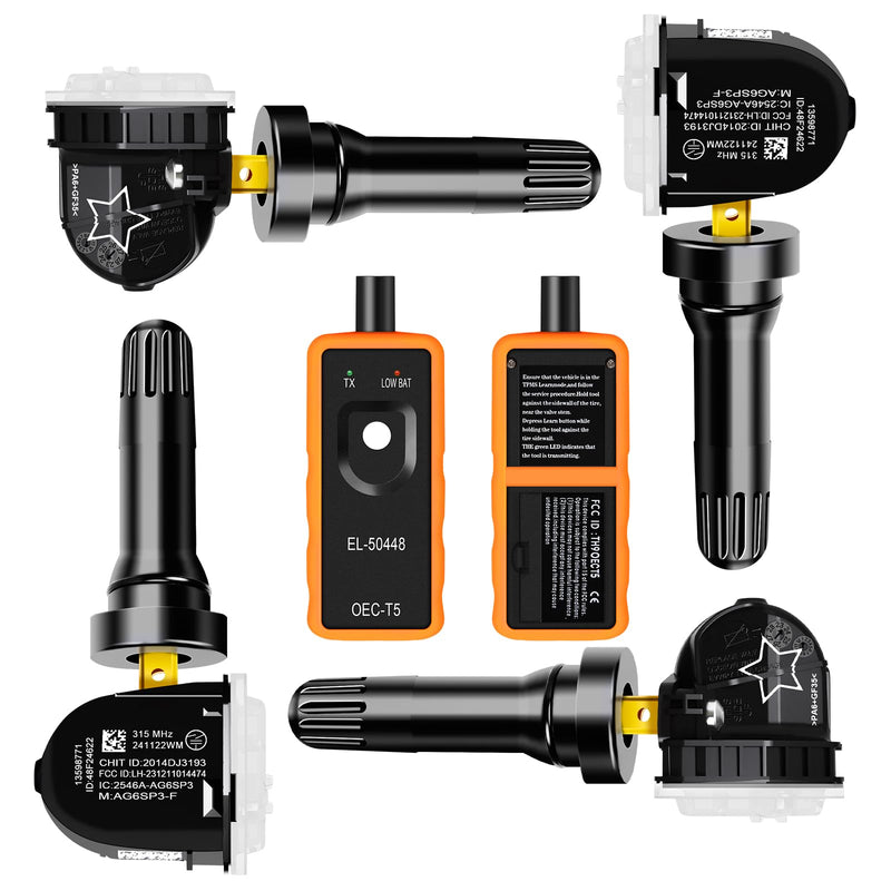 5Pcs TPMS Sensor with Relearn Tool, 315Mhz OE 13598771 13598772 13586335 13581558 EL-50448 Tire Pressure Monitoring System Compatible with Chevrolet/Chevy/Silverado/GMC/Buick/Cadillac (Black) Black