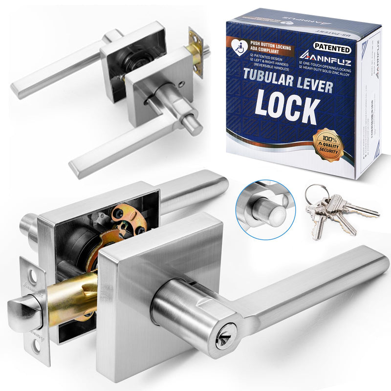 Entry One-Touch Push Button Locking Door Handle Lock with Keys,Non-Handed Opening,Entrance Reversible Left Right Lever for Interior/Exterior Front Door, ADA-Compliant Knob,for Office,Bedroom Santin Nickel Entry