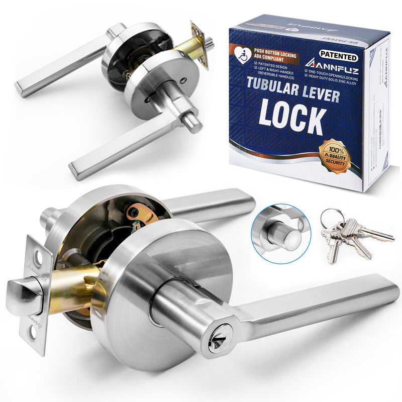 Entry Round Push Button One-Touch Locking Door Handle with Keys,Interior Non-Handed Opening,Reversible Left Right Door Knob,ADA-Compliant,Entrance Lever Lock for Office,Bedroom,Bathroom Satin Nickel Entry