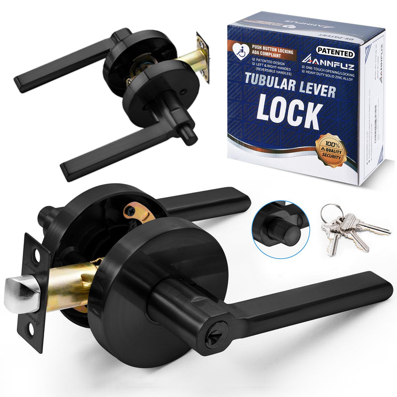 Entry Round Push Button One-Touch Locking Door Handle with Keys,Interior Non-Handed Opening,Reversible Left Right Door Knob,ADA-Compliant,Entrance Lever Lock for Office,Bedroom,Bathroom Matte Black Entry