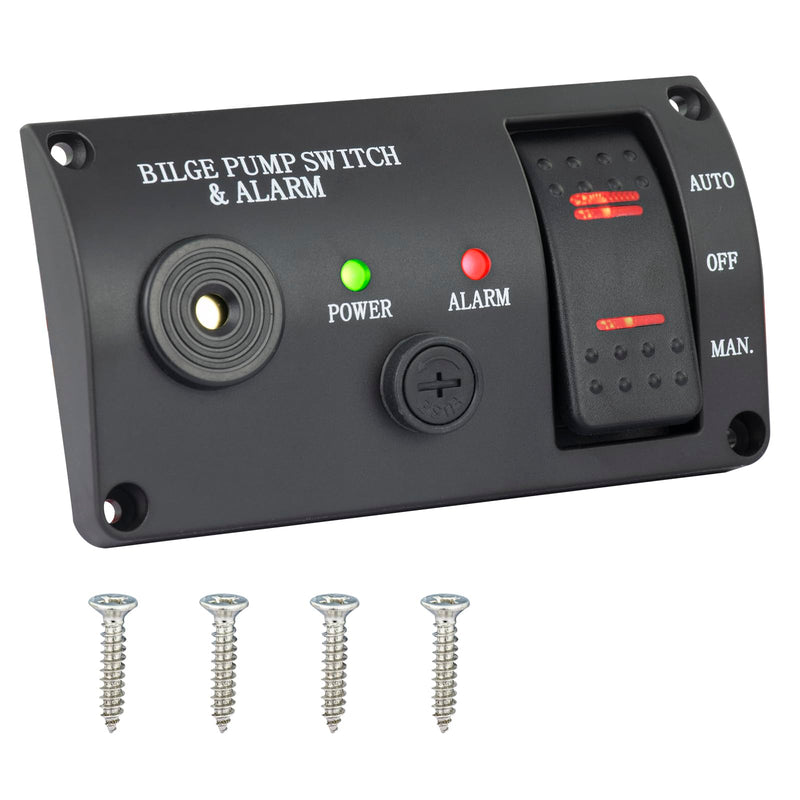 Bilge Pumps Switch for Boats,with LED Indicator Alarm,3-Way Auto-Off-Manual Switch w/Spring From Manual Position, Black ABS Panel,12V DC
